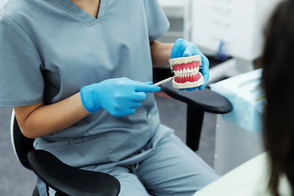 dentures being held by a dentist in blue scrubs